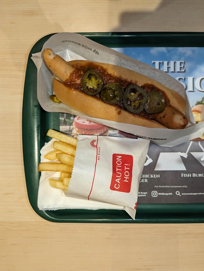 A hot dog with chili and jalapeños, and french fries on a tray.
