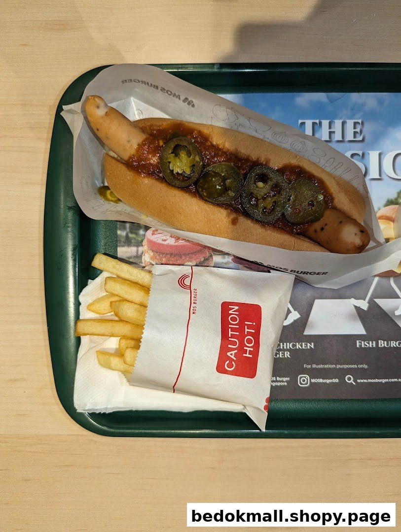 A hot dog with chili and jalapeños, and french fries on a tray.