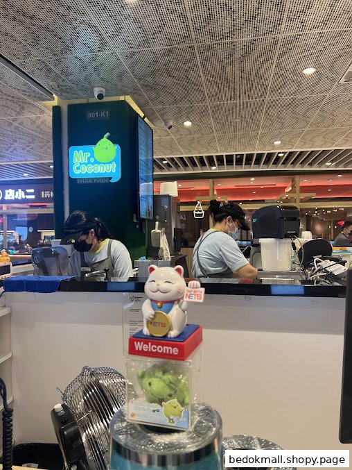 Interior view of Mr. Coconut shop with staff behind the counter.