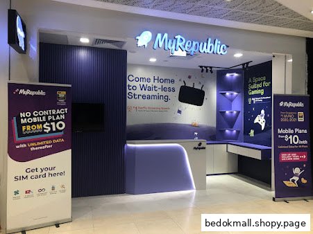 Interior view of a MyRepublic store with a counter and promotional banners.