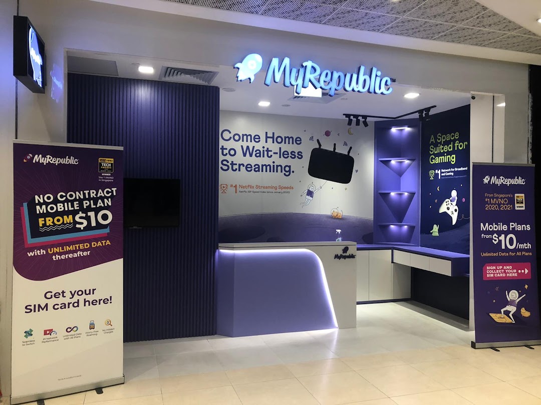 Interior view of a MyRepublic store with a service counter and promotional banners.