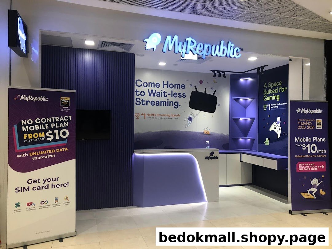 Interior view of a MyRepublic store with a service counter and promotional banners.