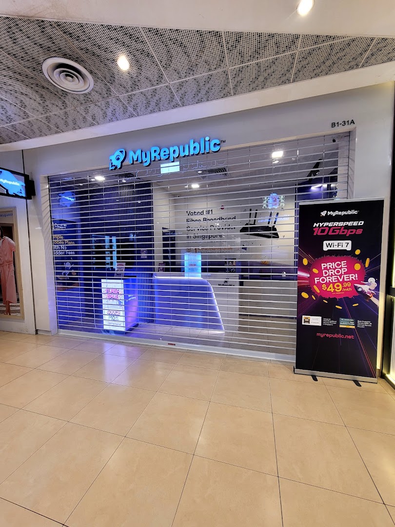 MyRepublic shop front with closed shutter and promotional banner.