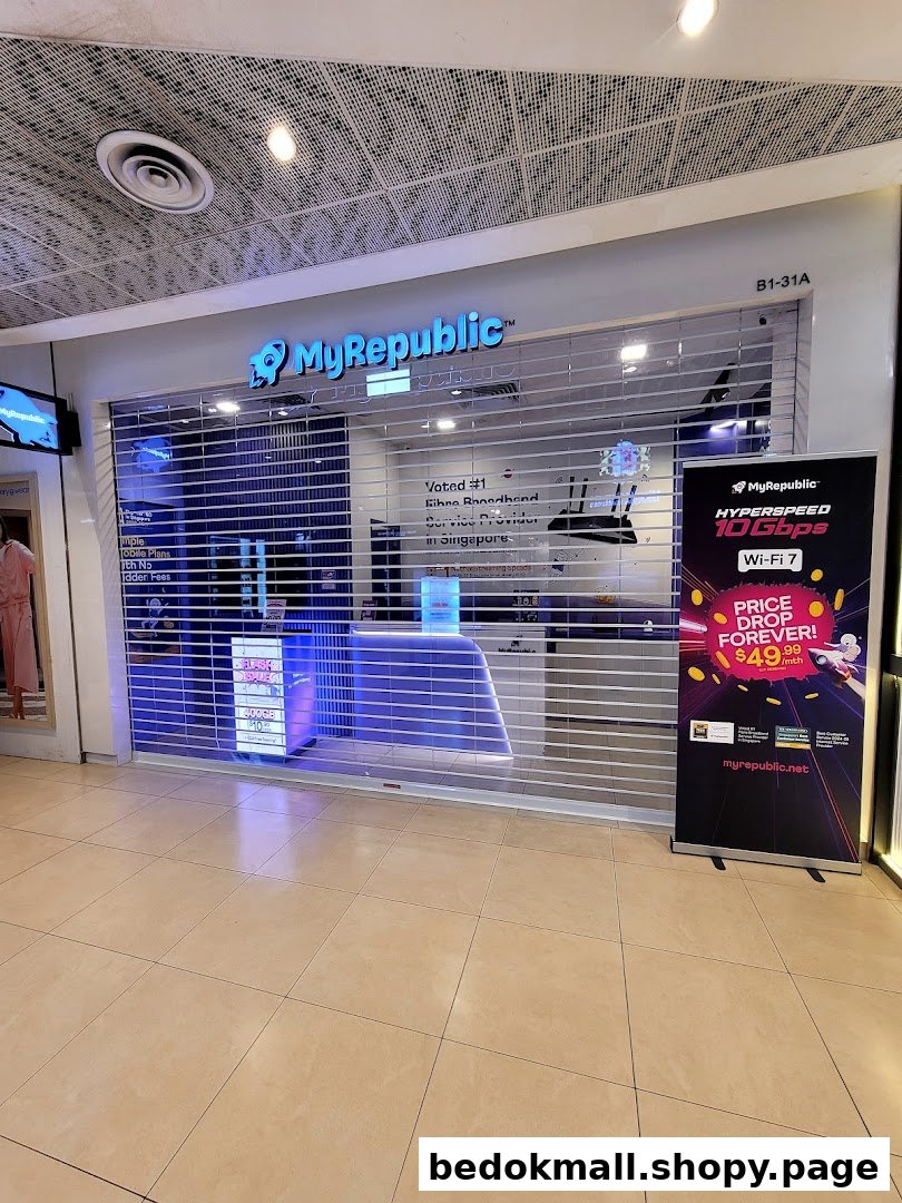 MyRepublic shop front with closed shutter and promotional banner.