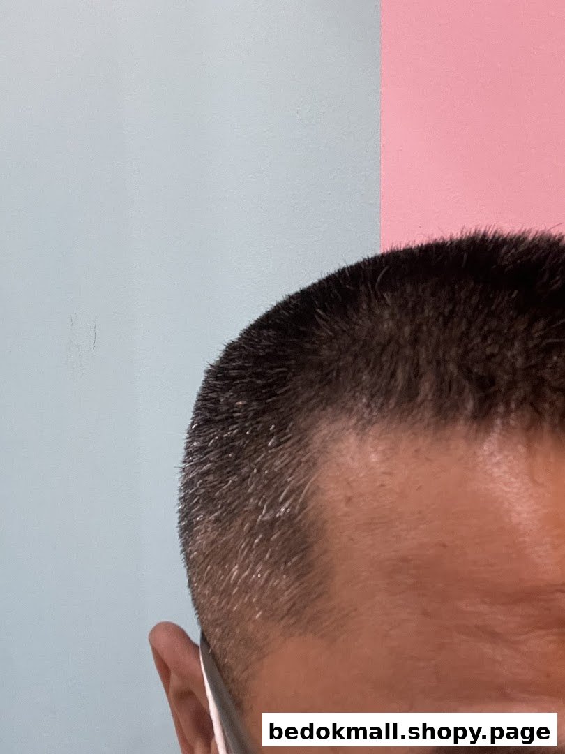 Close-up of a person's head with a short haircut against a two-tone wall.