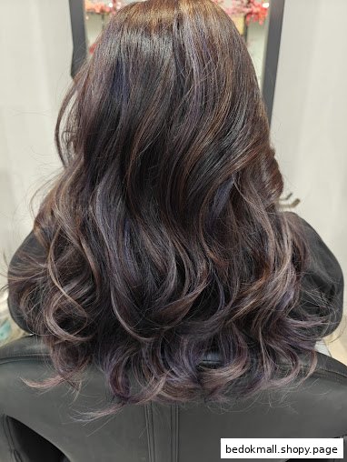 Back of person's head with styled, colored hair in a salon.