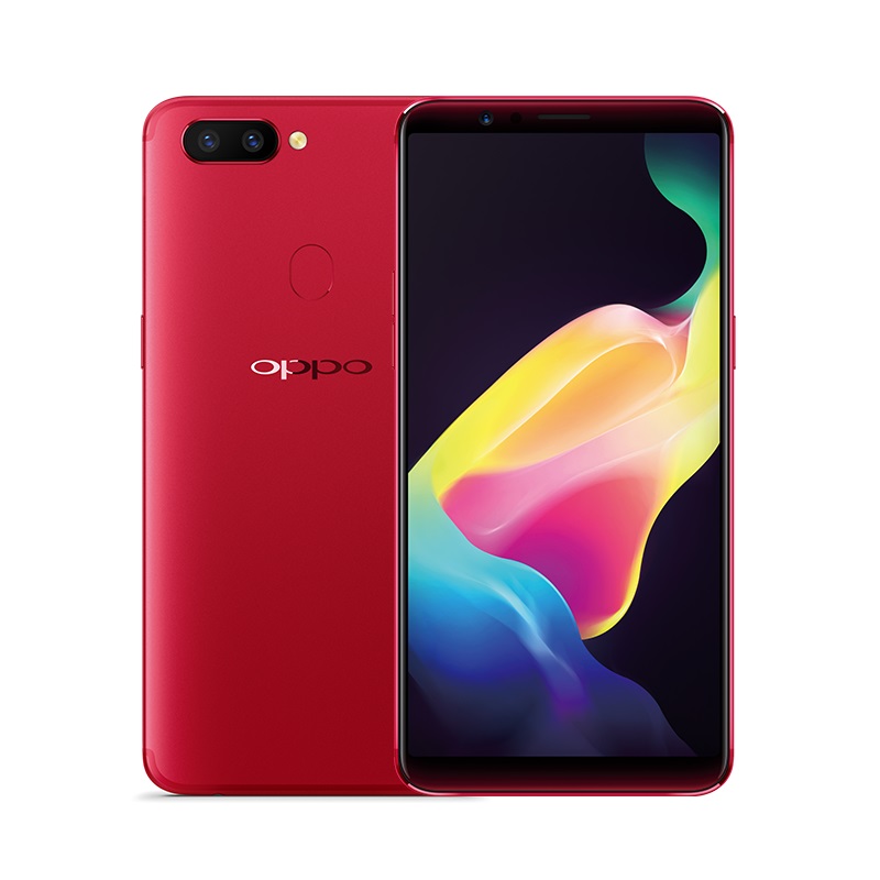 A red OPPO smartphone shown from front and back on a white background.