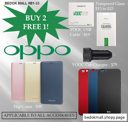 OPPO accessories with prices and a 'Buy 2 Free 1' promotion.