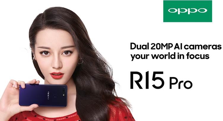 A woman holds an OPPO R15 Pro phone with product features displayed.