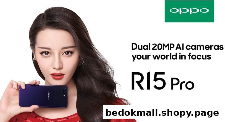 A woman holds an OPPO R15 Pro phone with product features displayed.