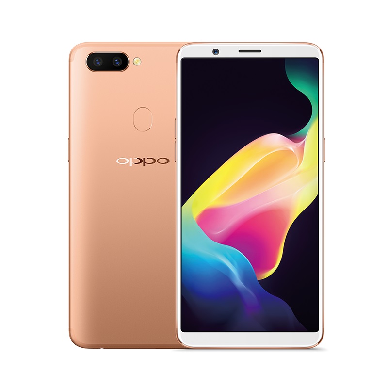 Gold OPPO smartphone showing front and back.