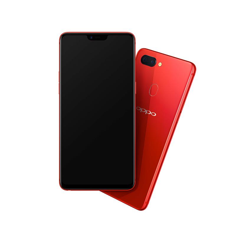 Two red smartphones, one showing the front and one showing the back.