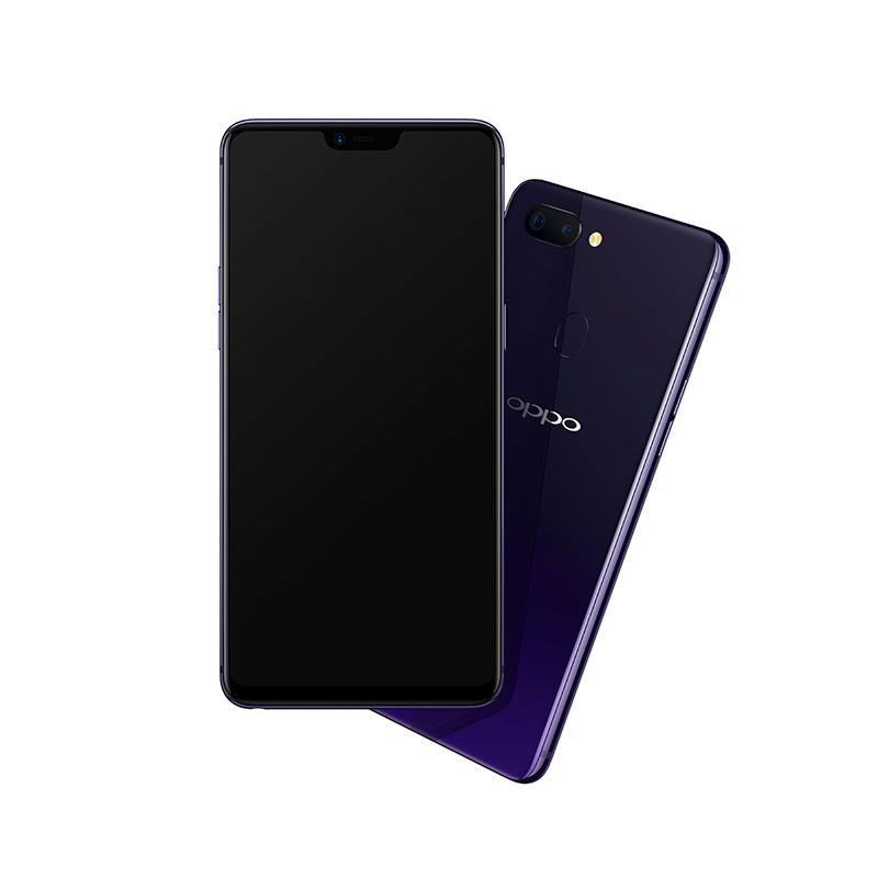 Two purple OPPO smartphones, showing front and back views.