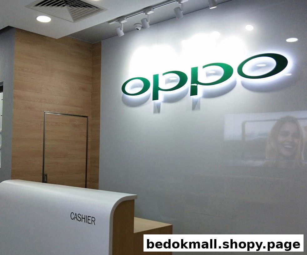 Interior view of an OPPO store with a cashier desk and logo.