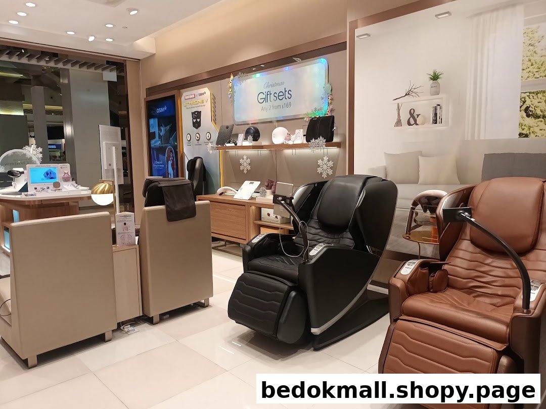 Interior view of an OSIM store with massage chairs and wellness products.
