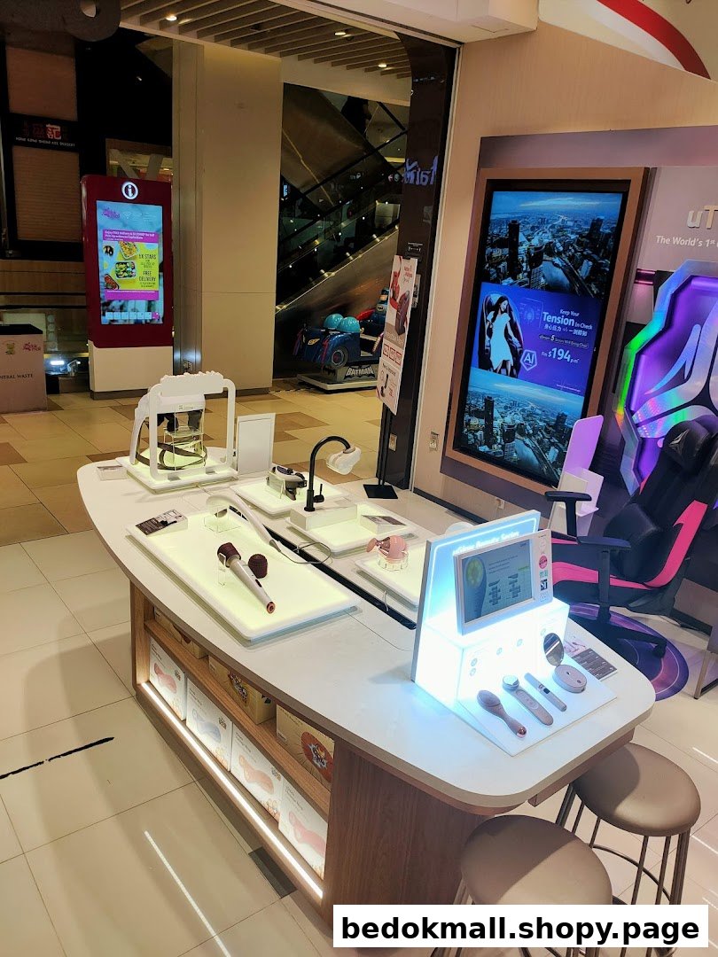 Interior view of a shop display with health products and digital screens.