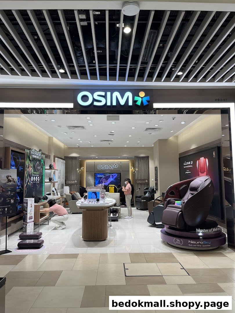 OSIM shop entrance displaying wellness products and staff.