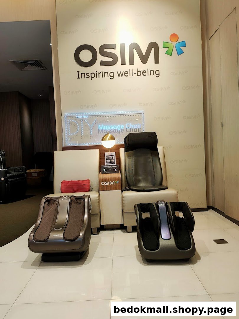 Interior view of OSIM shop displaying massage chairs and foot massagers.