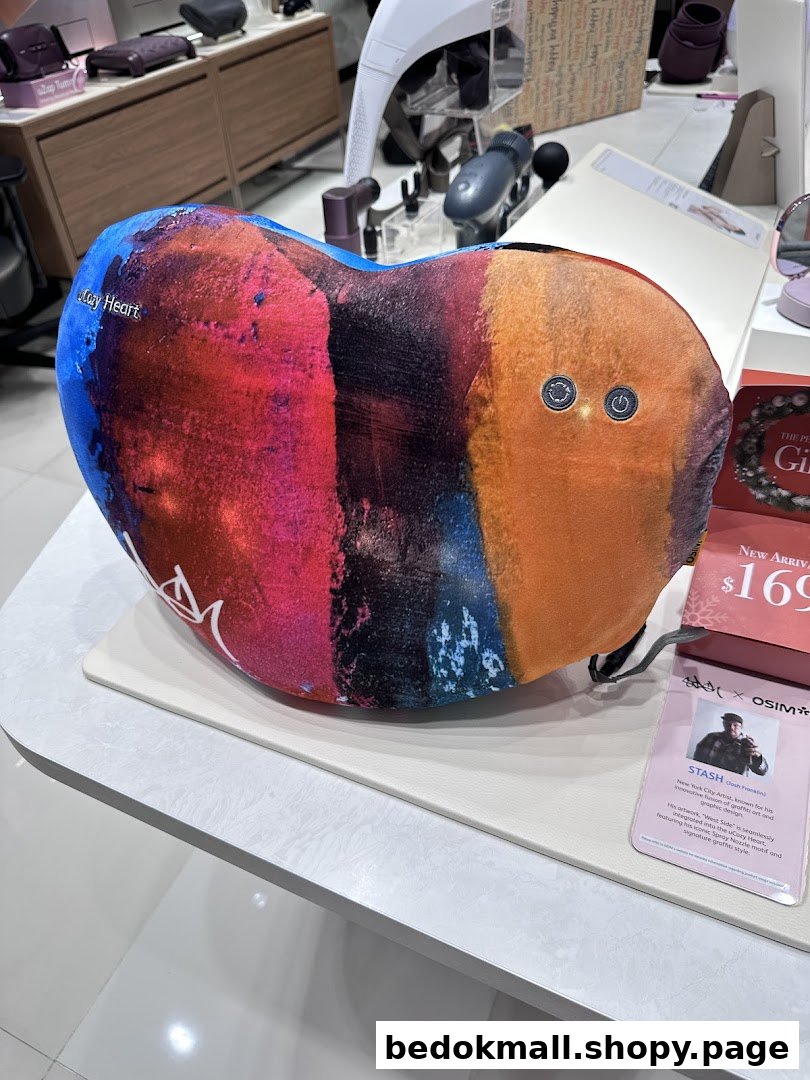 Colorful heart-shaped product on display table inside a retail shop.