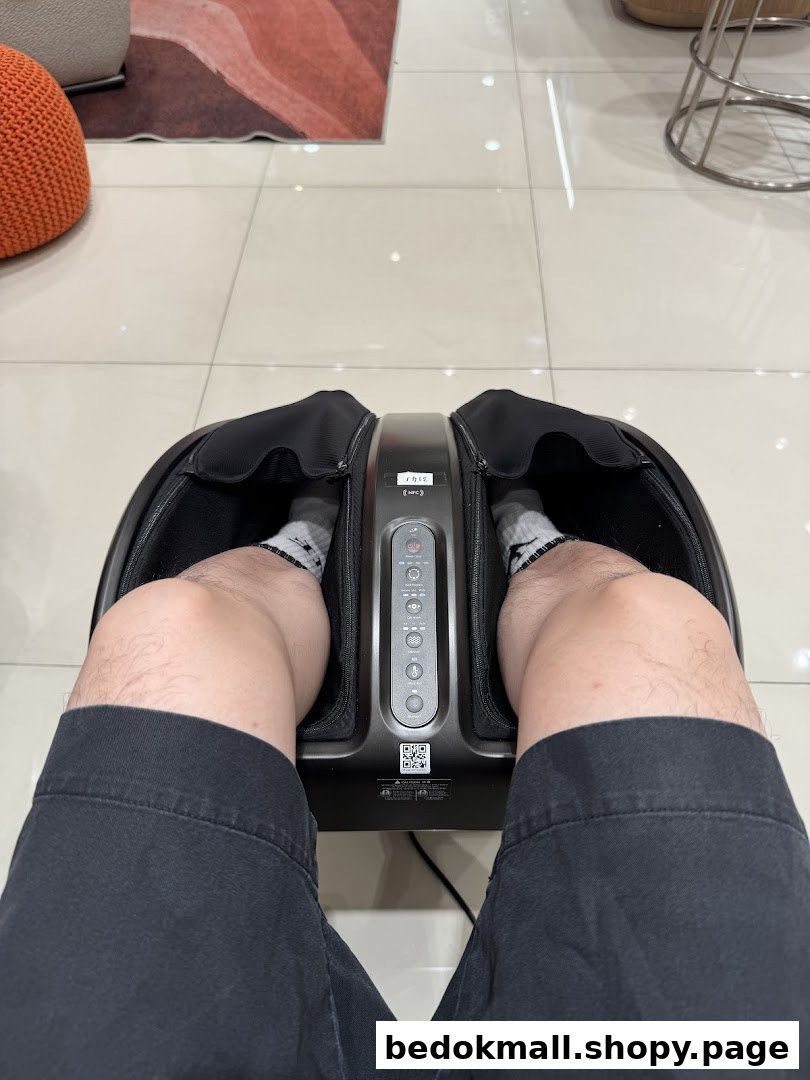 Person's legs in a foot massager inside a shop.