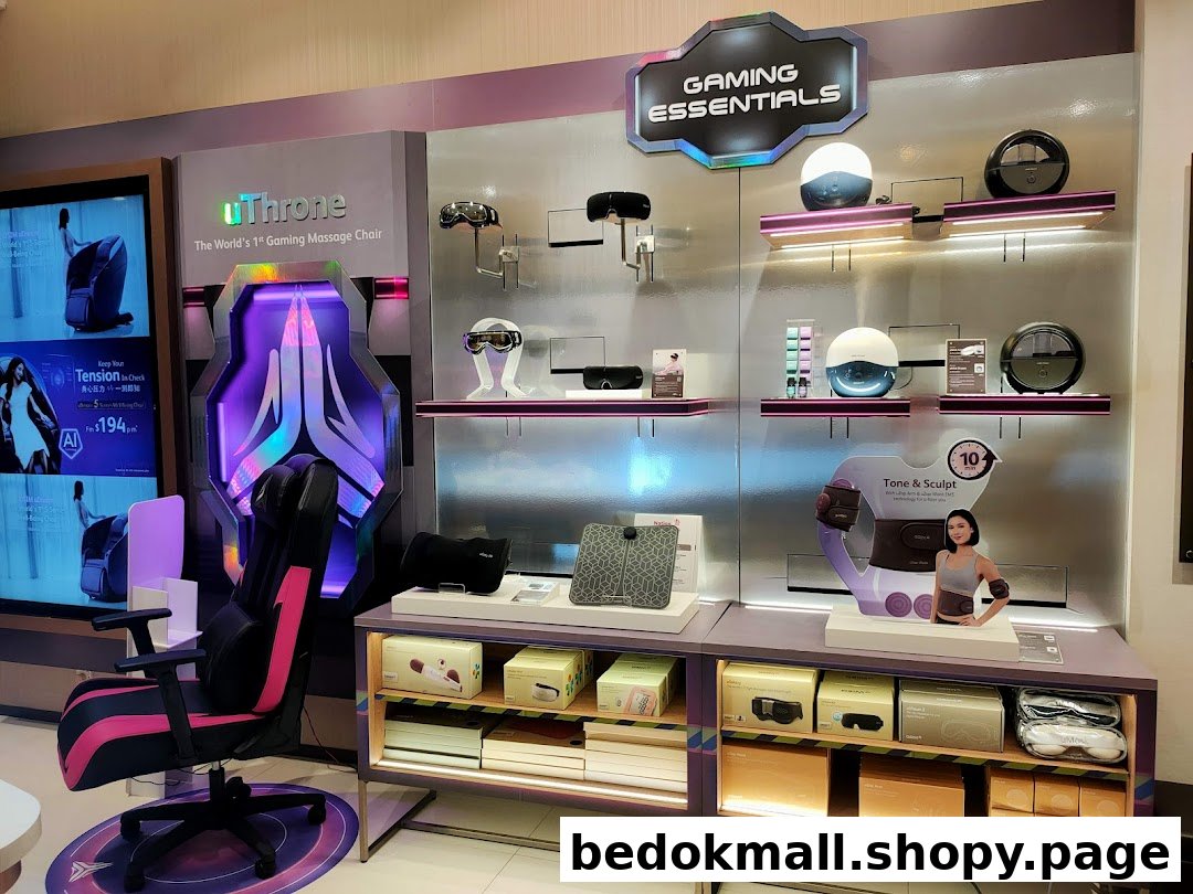 Interior shop display featuring a gaming massage chair and various wellness products.