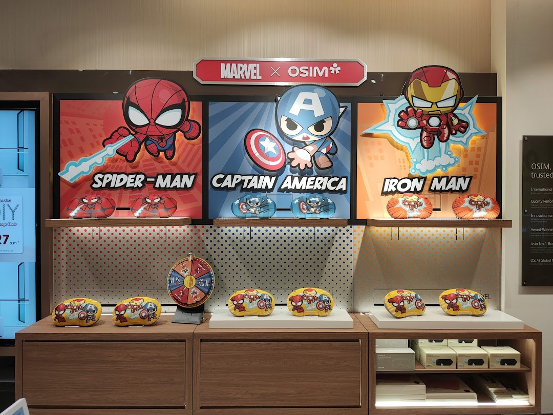 A retail display featuring Marvel x OSIM products with Spider-Man, Captain America, and Iron Man.