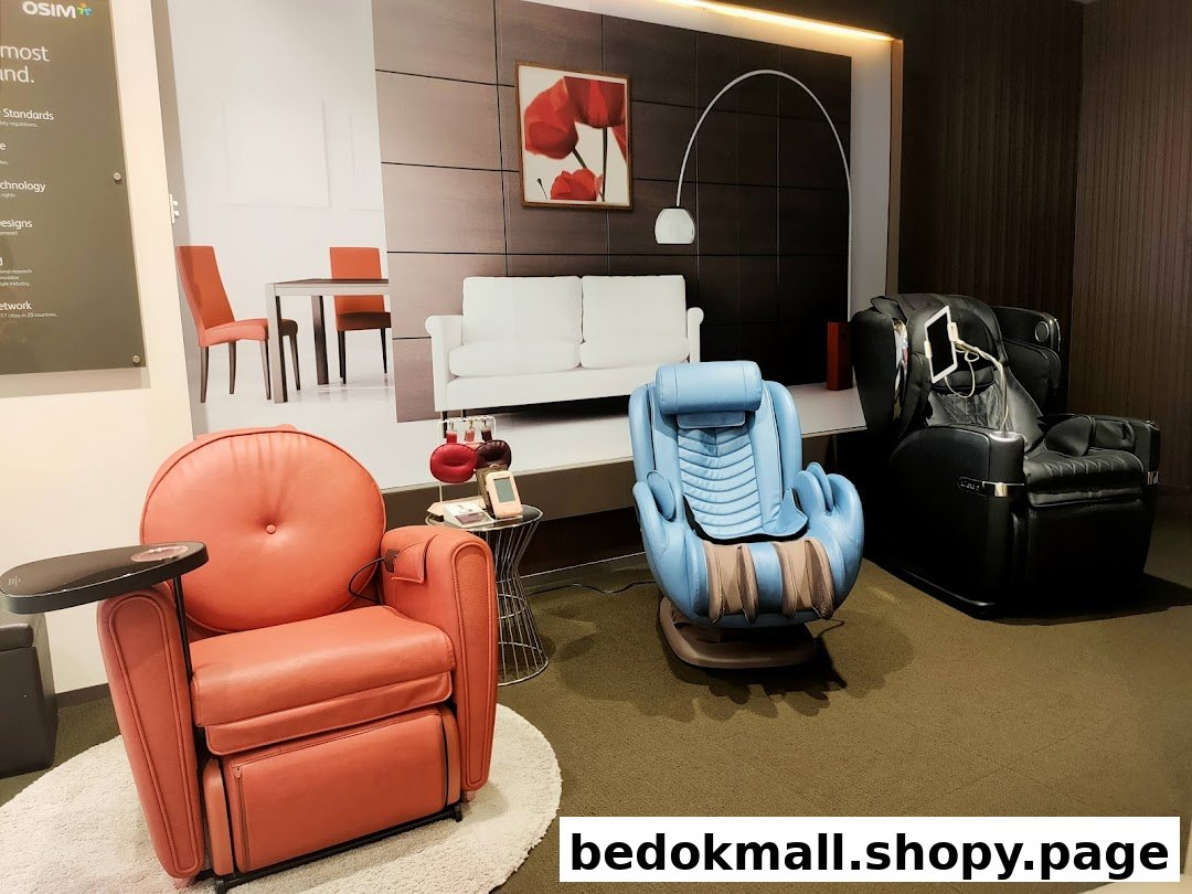 Three massage chairs displayed in a shop interior with a large wall graphic.