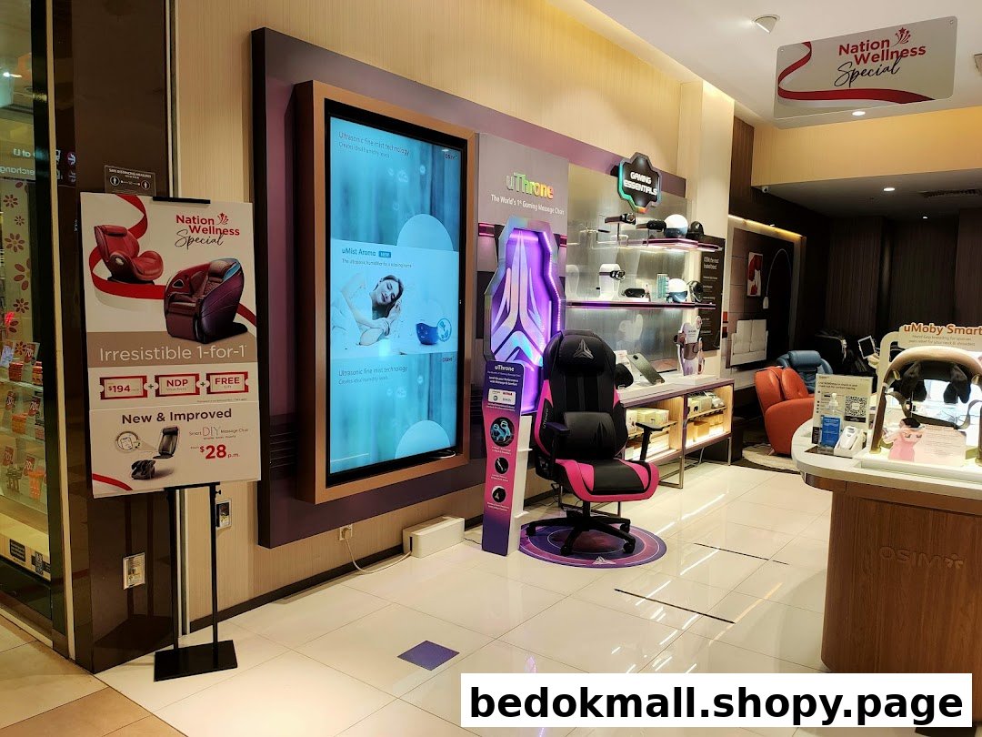 Interior view of an OSIM store displaying massage chairs and wellness products.