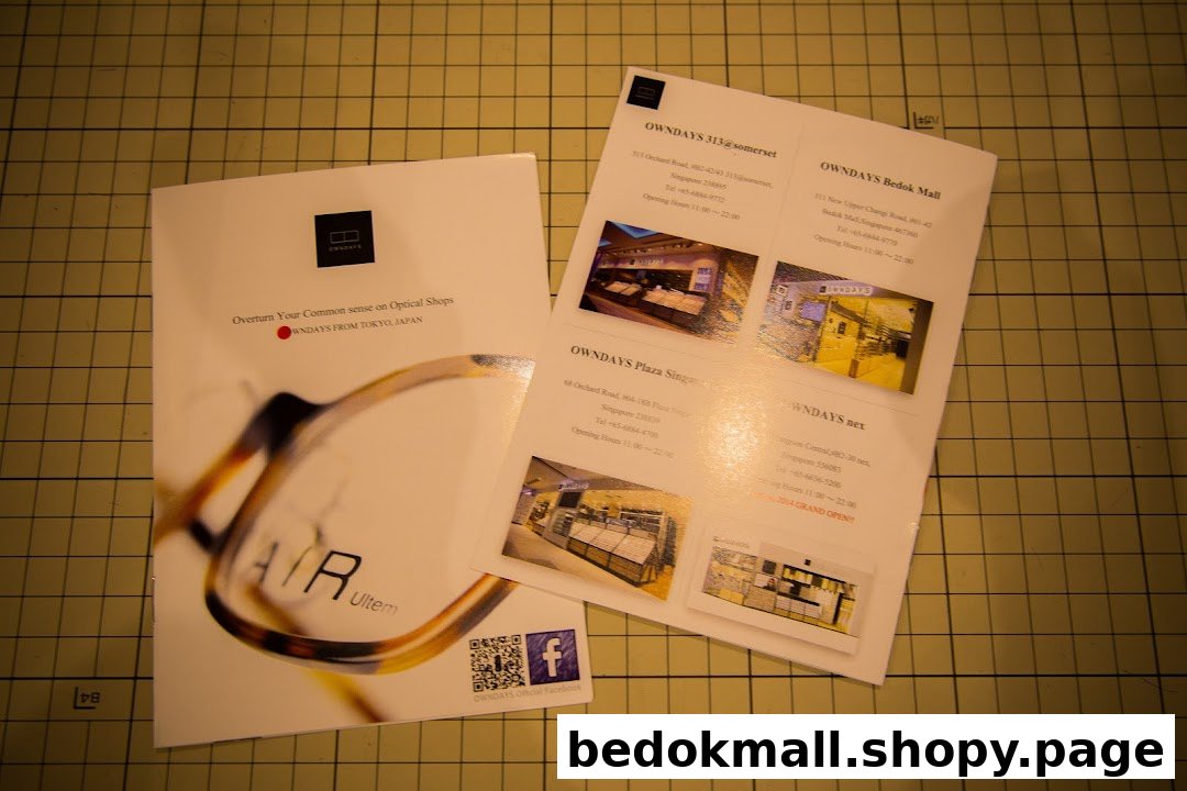 Two OWNDAYS optical shop brochures with store information and product images.