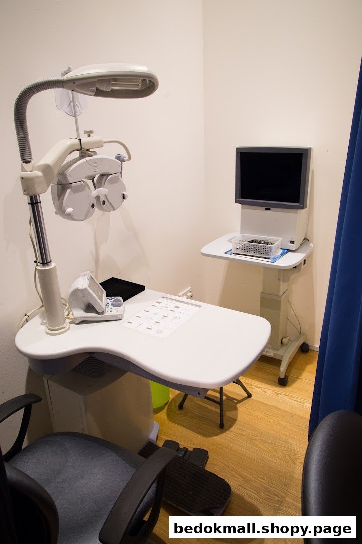 Eye examination room with specialized optical testing equipment.