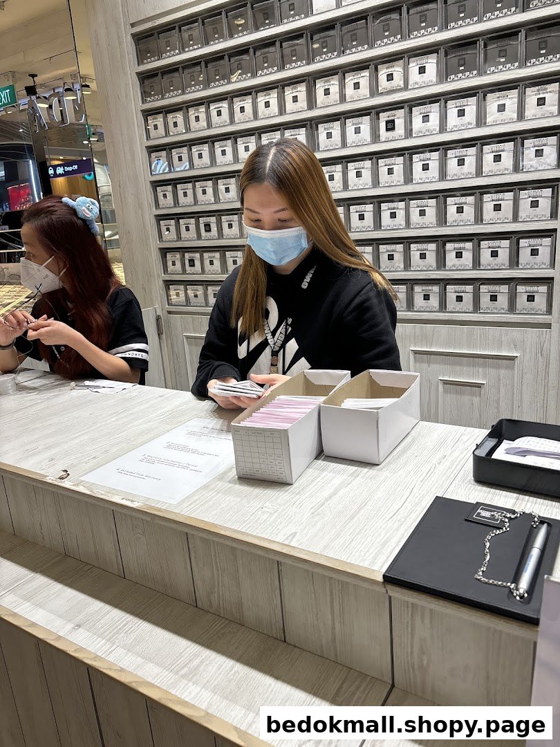Two people at a counter inside a shop with many small boxes on the wall.
