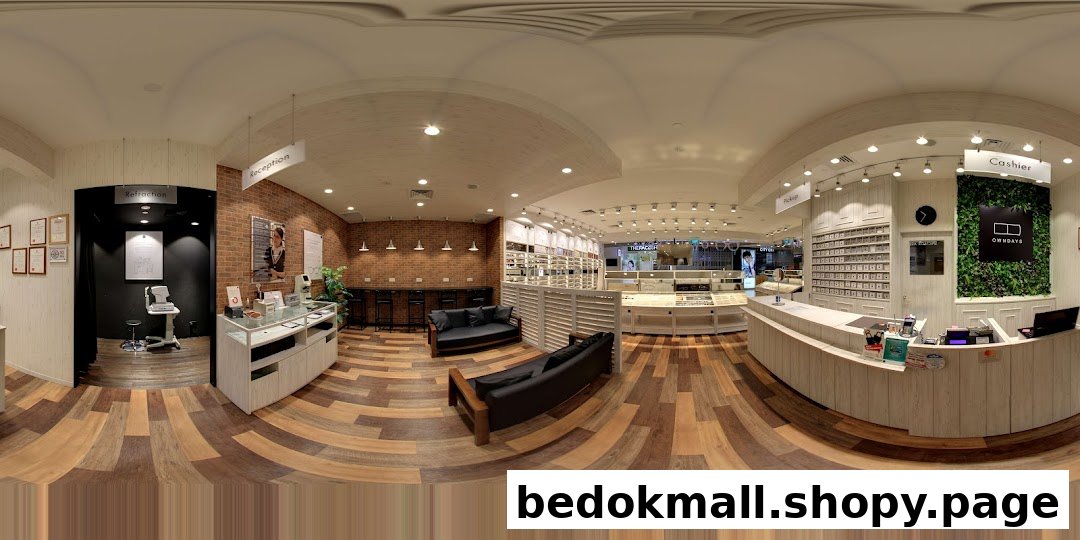 Interior view of a modern optical shop with displays, reception, and seating areas.