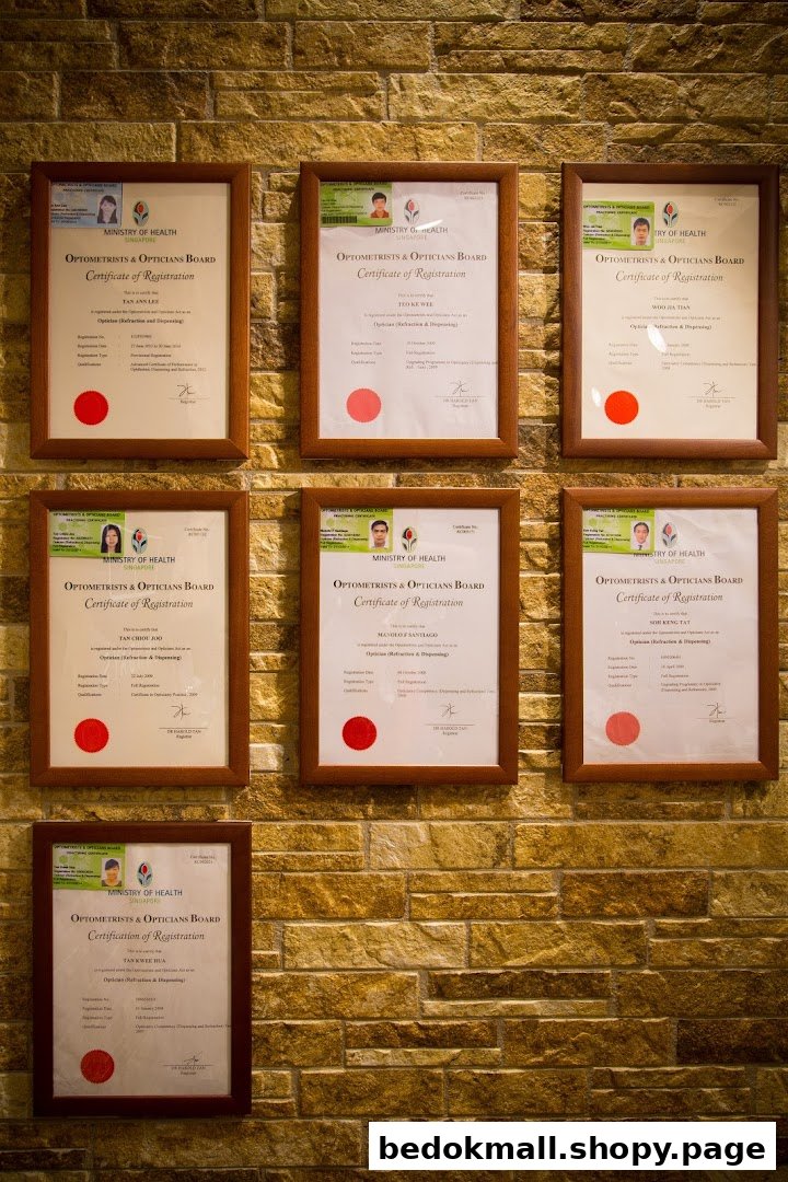 Framed professional certificates displayed on a textured wall inside the shop.
