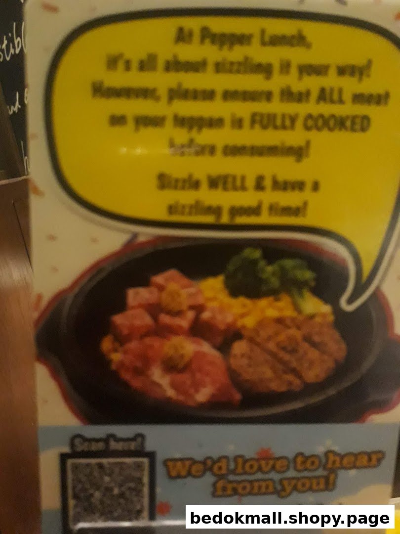 A sign with cooking instructions, food image, and a QR code for feedback.