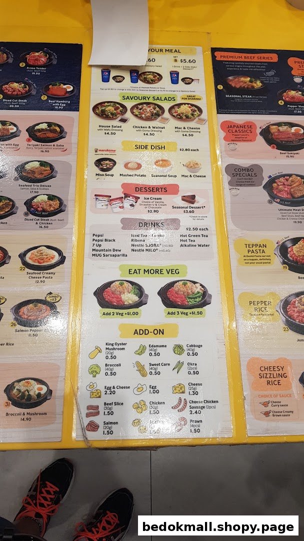 A detailed menu displaying various food and drink options with prices.