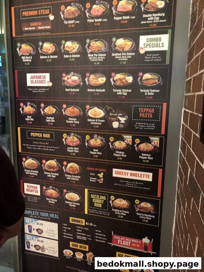 A large menu board displaying various food dishes and prices.