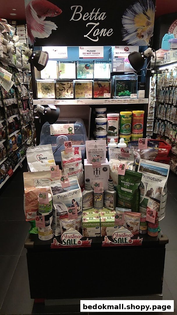 Pet store interior showing betta fish tanks and various pet products on display.