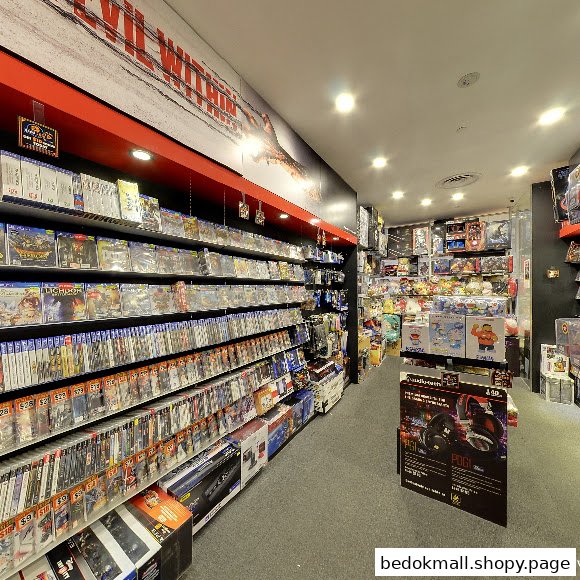 Shop interior displaying rows of video games and various merchandise on shelves.