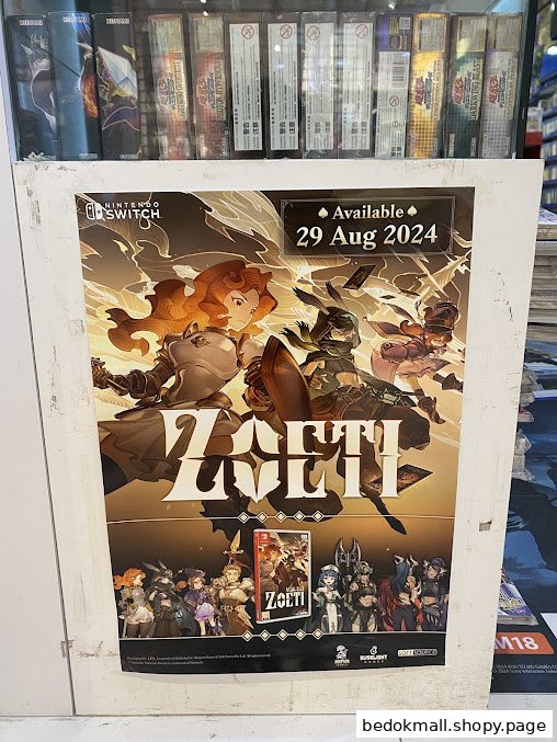 A large poster for the Nintendo Switch game "ZOETI" displayed inside a shop.