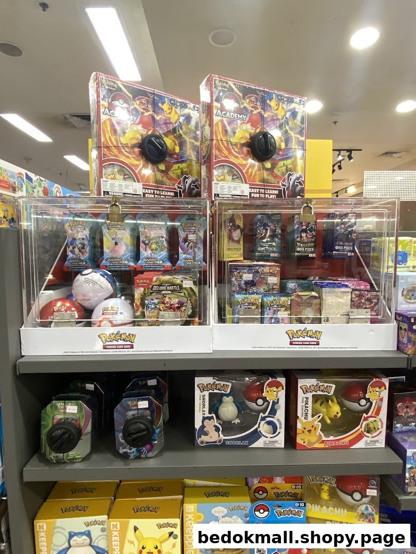 Shelves displaying various Pokémon trading cards and merchandise inside a store.