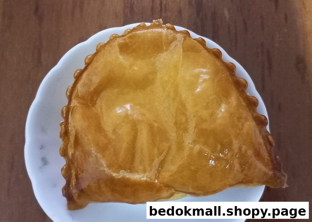 A golden-brown pastry, possibly a curry puff, on a white plate.