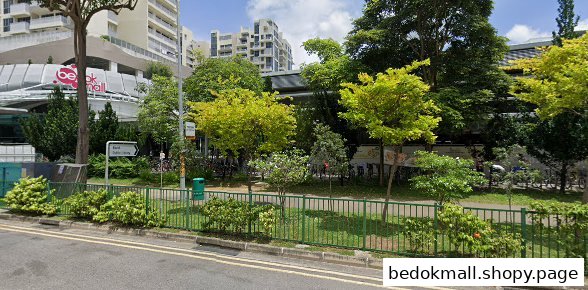 Exterior view of Bedok Mall from across a street with trees and greenery.
