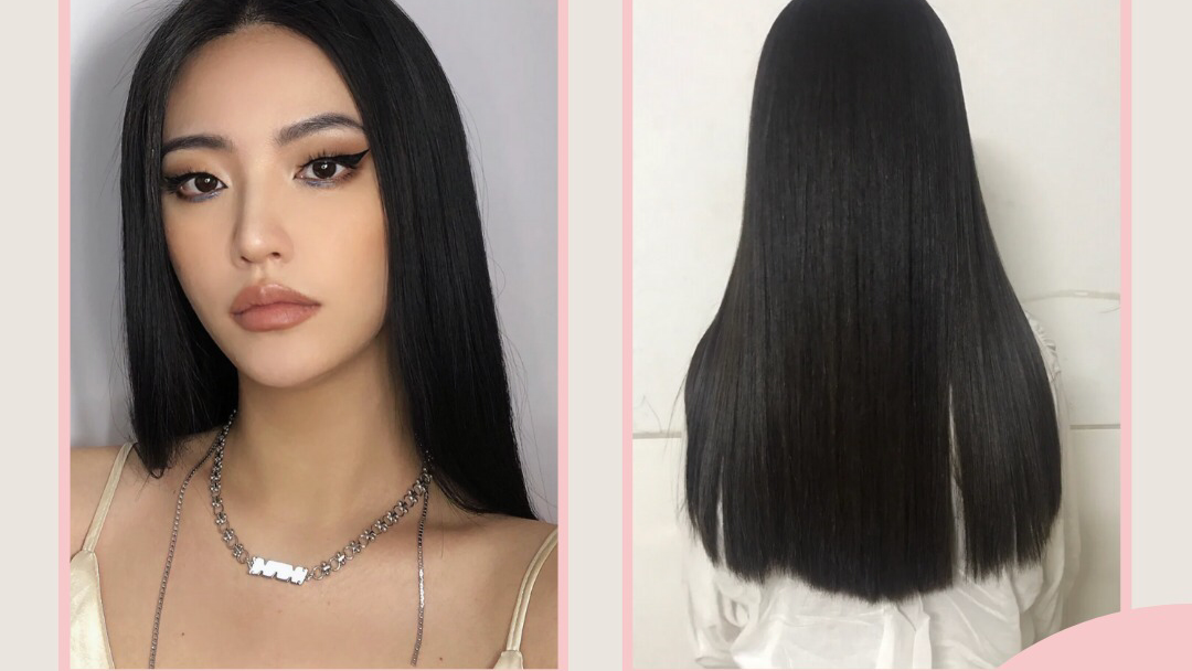 Woman with long, straight black hair shown in front and back views.