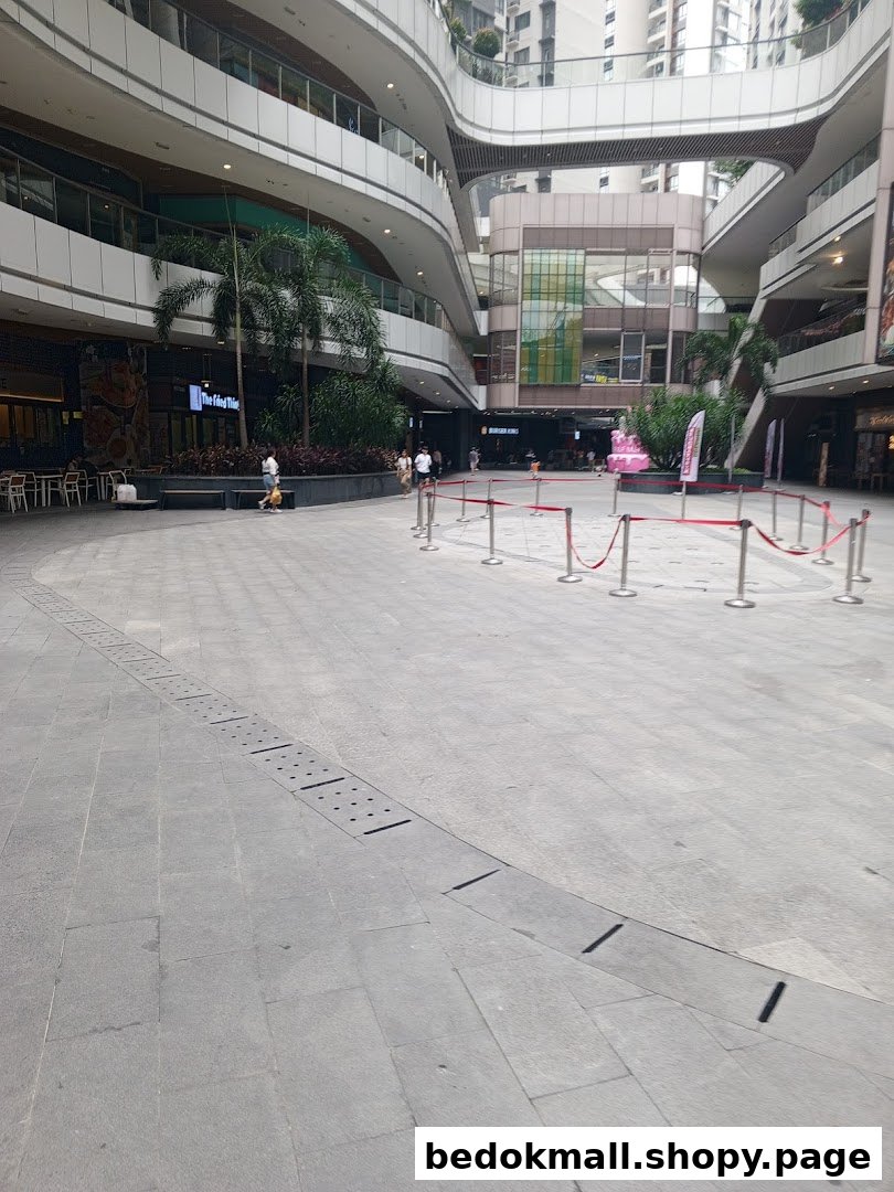 A large, multi-level shopping mall plaza with various shops and people.