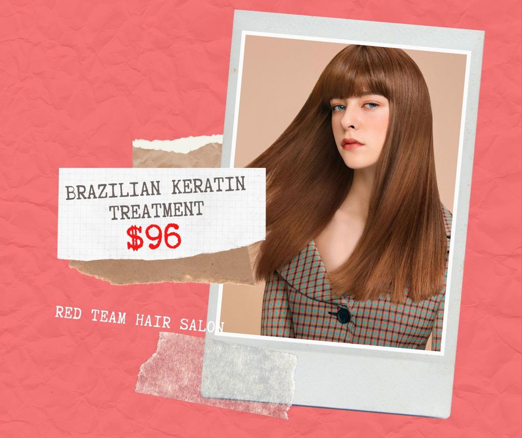 Image shows a model and price for Brazilian Keratin Treatment.