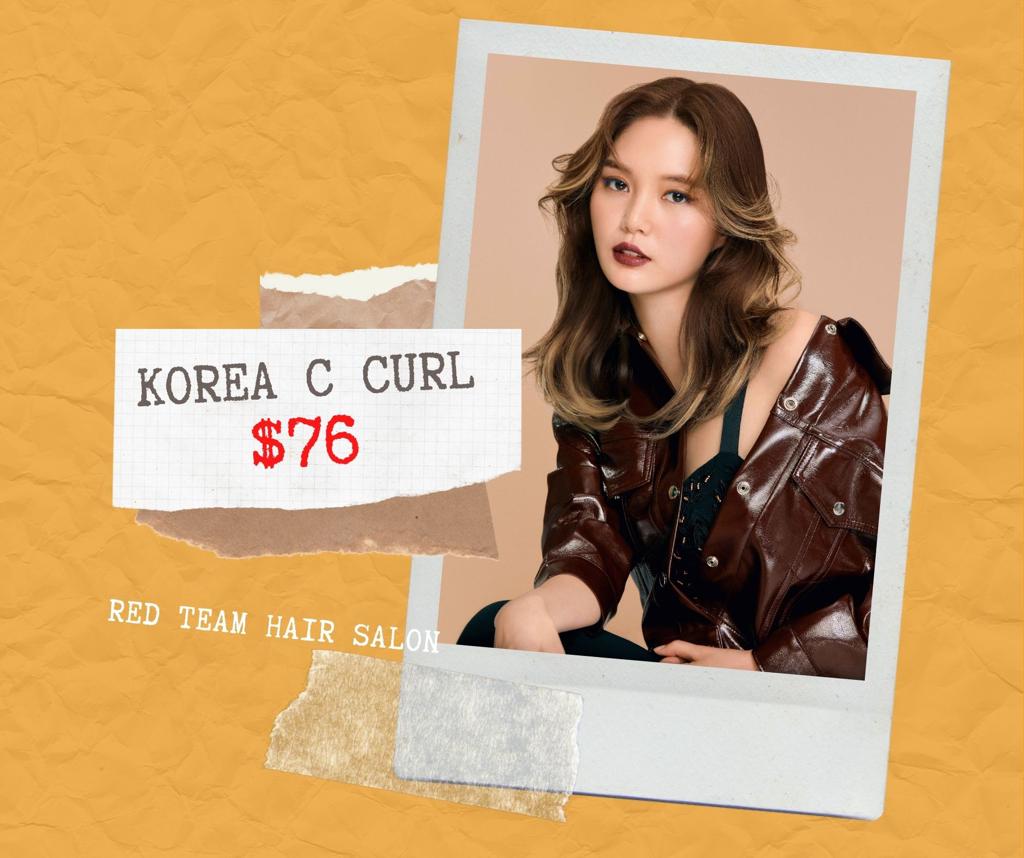 Model showcasing 'Korea C Curl' hairstyle with price $76.