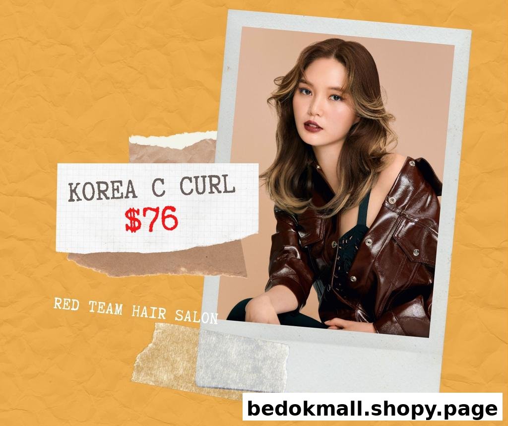 Model showcasing 'Korea C Curl' hairstyle with price $76.
