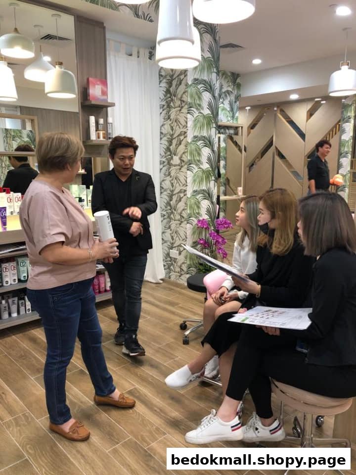 People inside a hair salon, possibly discussing hair colors or styles.