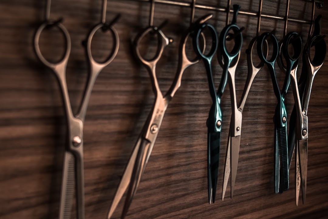 Multiple hair cutting scissors hanging on a wooden wall.