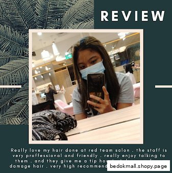 Person taking a selfie inside a salon, with a customer review overlay.
